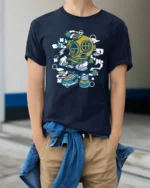 Deep Sea DJ Diver Brass Helmet Turntables Graphic Tshirt - model wearing navy tee with hands in pockets