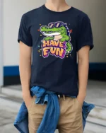Laid back Croc Sunglasses Have Fun Graffiti Graphic Tshirt - model wearing navy tee with hands in pockets