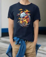 Galactic Grizzly Astronaut Space Walker Graphic Tshirt - model wearing navy tee with hands in pockets