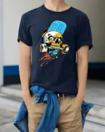 Asphalt Skater Skull Biting Skateboard Truck Graphic Tshirt - model wearing navy tee with hands in pockets