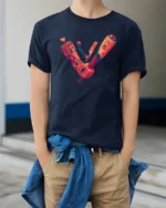 Gritty Urban Ink Badass Tattoos Bat Straight Razor Tshirt - model wearing navy tee with hands in pockets