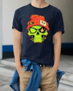 Funky Beanie Skull Glowing Star Eyes Urban Graphic Tshirt - model wearing navy tee with hands in pockets