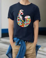 Muscular Tattooed Strongman Icon Collage Urban Graphic Tee - model wearing navy tee with hands in pockets