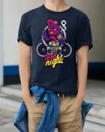 Nocturnal Party Owl Boombox Retro Music Graphic Tshirt - model wearing navy tee with hands in pockets
