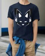 Virtual Fox DJ Minimalist Music Producer Graphic Tshirt - model wearing navy tee with hands in pockets