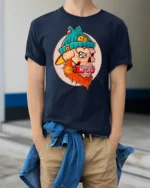 Explosive Bearded Skull RUN Dynamite Teal Beanie Graphic Tshirt - model wearing navy tee with hands in pockets