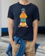Cool Duck Girl Yellow Sweatshirt Rubber Duck Graphic Tshirt - model wearing navy tee with hands in pockets
