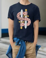 Tattooed Arms Dollar Sign Swords Die Rich Graphic Tshirt - model wearing navy tee with hands in pockets