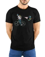 Speedy Bicycle Runner Game Over Parachute Graphic Tee - model wearing black tee with hands behind back