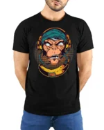 Groovy DJ Monkey Banana Headphones Retro Graphic Tshirt - model wearing black tee with hands behind back