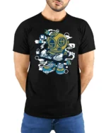 Deep Sea DJ Diver Brass Helmet Turntables Graphic Tshirt - model wearing black tee with hands behind back