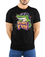 Laid back Croc Sunglasses Have Fun Graffiti Graphic Tshirt - model wearing black tee with hands behind back