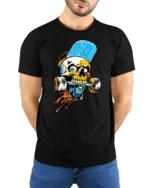 Asphalt Skater Skull Biting Skateboard Truck Graphic Tshirt - model wearing black tee with hands behind back