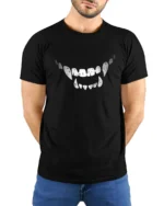Wicked Vampire Fangs Distressed Monster Smile Graphic Tee - model wearing black tee with hands behind back