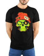 Funky Beanie Skull Glowing Star Eyes Urban Graphic Tshirt - model wearing black tee with hands behind back