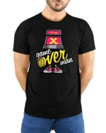 Funky Retro Arcade Machine Game Over Man Graphic Tshirt - model wearing black tee with hands behind back