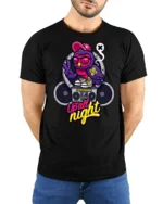 Nocturnal Party Owl Boombox Retro Music Graphic Tshirt - model wearing black tee with hands behind back