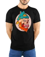 Explosive Bearded Skull RUN Dynamite Teal Beanie Graphic Tshirt - model wearing black tee with hands behind back