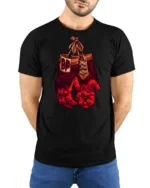 Primal Power Gorilla Boxing Gloves Retro Graphic Tshirt - model wearing black tee with hands behind back