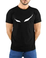 Haunting Ghostly Eyes Wispy Trail Mystery Graphic Tee - model wearing black tee with hands behind back