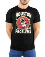 Relatable Astronaut Raccoon Houston Problem Space Tshirt - model wearing black tee with hands behind back