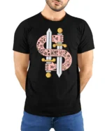 Tattooed Arms Dollar Sign Swords Die Rich Graphic Tshirt - model wearing black tee with hands behind back