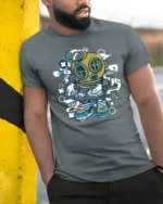 Deep Sea DJ Diver Brass Helmet Turntables Graphic Tshirt - model wearing grey tee, leaning on column