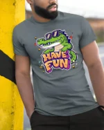 Laid back Croc Sunglasses Have Fun Graffiti Graphic Tshirt - model wearing grey tee, leaning on column