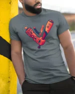 Gritty Urban Ink Badass Tattoos Bat Straight Razor Tshirt - model wearing grey tee, leaning on column
