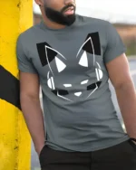 Virtual Fox DJ Minimalist Music Producer Graphic Tshirt - model wearing grey tee, leaning on column