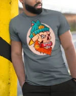 Explosive Bearded Skull RUN Dynamite Teal Beanie Graphic Tshirt - model wearing grey tee, leaning on column