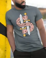 Tattooed Arms Dollar Sign Swords Die Rich Graphic Tshirt - model wearing grey tee, leaning on column