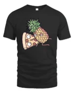 Amusing Pineapple Pizza Slice Cartoon Food Humor Tshirt - black t-shirt on white background