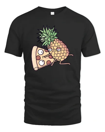 Amusing Pineapple Pizza Slice Cartoon Food Humor Tshirt - black t-shirt on white background