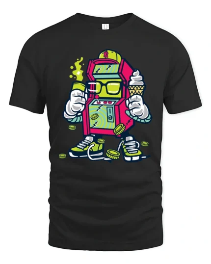 Vibrant Gaming Arcade Machine Character Retro Graphic Tshirt - black t-shirt on white background