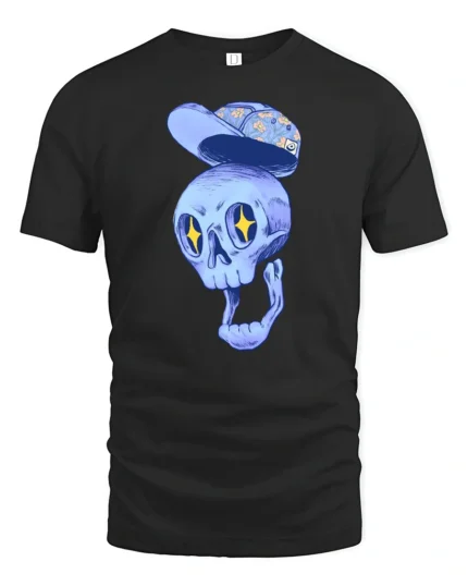 Dreamy Floating Blue Skull Floral Hat Graphic Tshirt - black t-shirt on white background