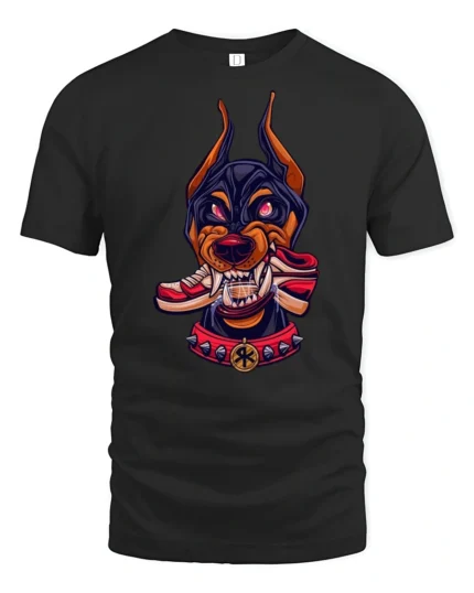 Fierce Doberman Sneakerhead Biting Shoe Urban Graphic Tshirt - black t-shirt on white background