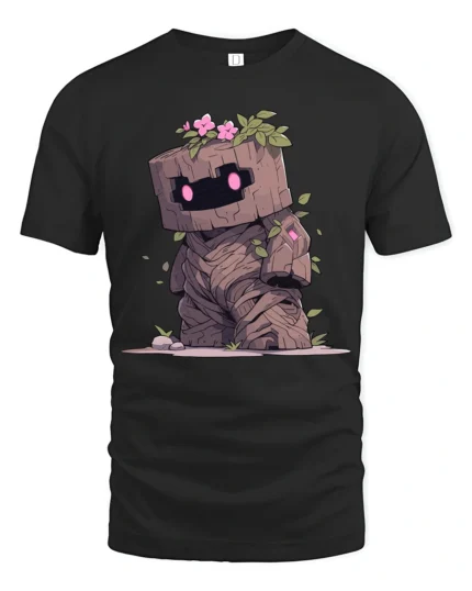 Nature Guardian Wood Golem Pink Flower Graphic Tshirt - black t-shirt on white background
