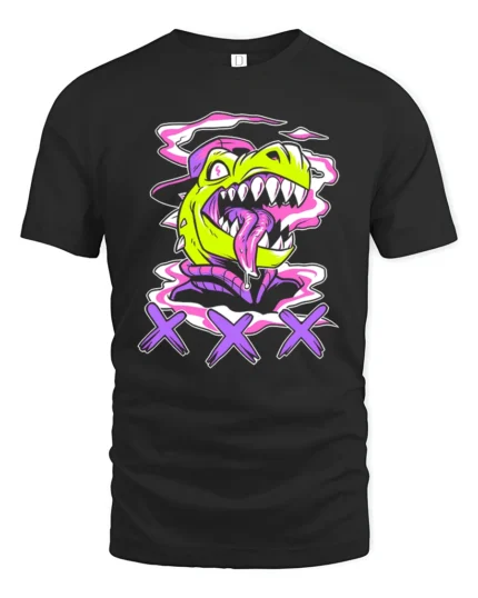 Radiant Retro Dinosaur Street Art Graffiti Graphic Tshirt - black t-shirt on white background