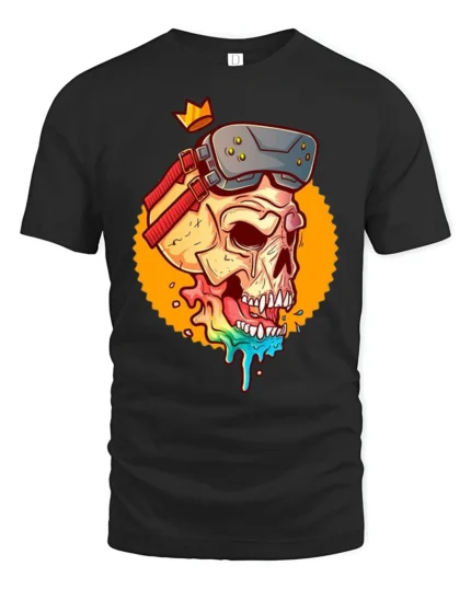 Virtual Reality King Skull Rainbow Drip Gaming Graphic Tshirt - black t-shirt on white background