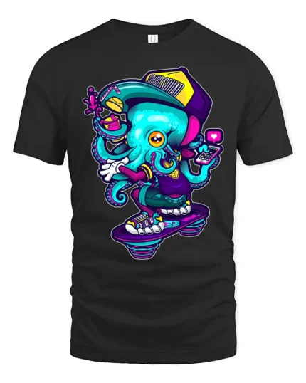Rad Skateboarding Octopus Urban Street Style Graphic Tee - black t-shirt on white background