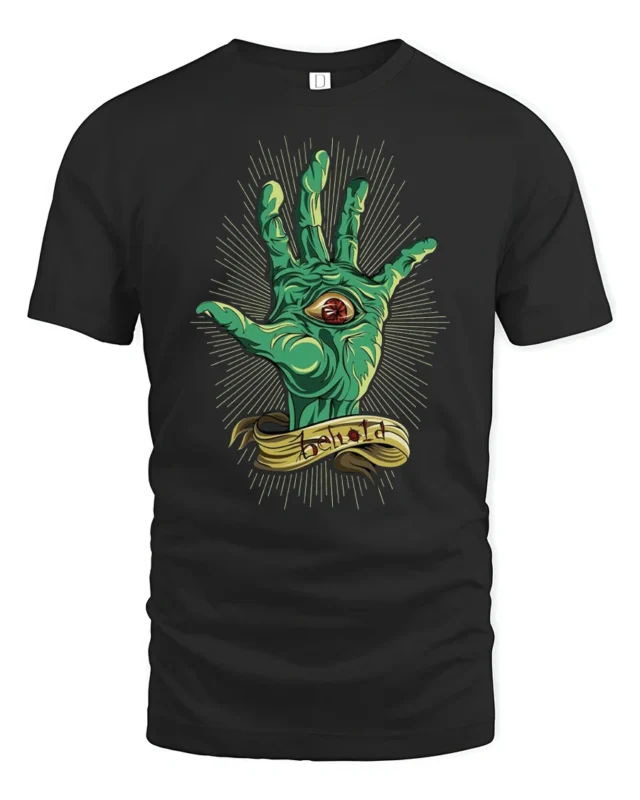 Creepy Monster Eye Palm Behold Mythical Graphic Tshirt - black t-shirt on white background