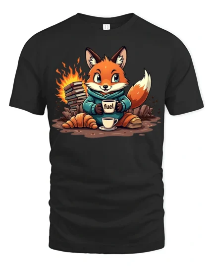 Cozy Reading Fox Campfire Fuel Coffee First Graphic Tshirt - black t-shirt on white background