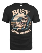 Lazy Cool Cat Busy Doing Nothing Retro Sunset Tshirt - black t-shirt on white background