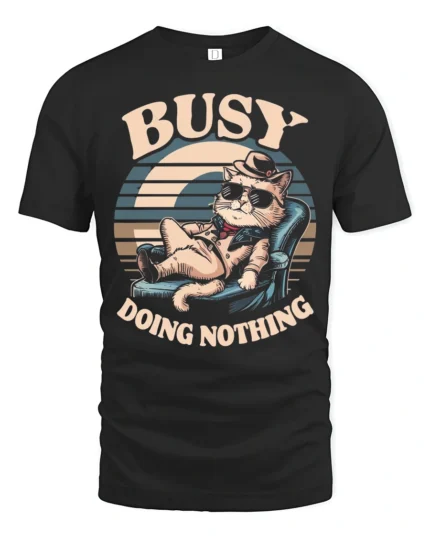 Lazy Cool Cat Busy Doing Nothing Retro Sunset Tshirt - black t-shirt on white background