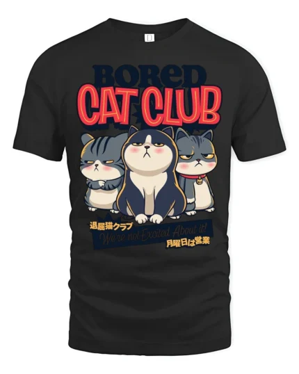 Gloomy Bored Cat Club Unimpressed Feline Graphic Tshirt - black t-shirt on white background