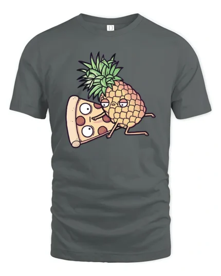 Amusing Pineapple Pizza Slice Cartoon Food Humor Tshirt - gray t-shirt on white background