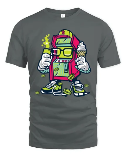Vibrant Gaming Arcade Machine Character Retro Graphic Tshirt - gray t-shirt on white background