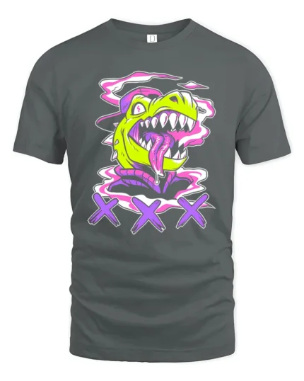 Radiant Retro Dinosaur Street Art Graffiti Graphic Tshirt - gray t-shirt on white background
