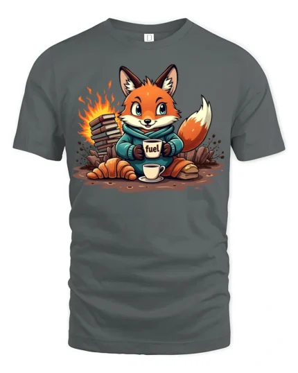 Cozy Reading Fox Campfire Fuel Coffee First Graphic Tshirt - gray t-shirt on white background